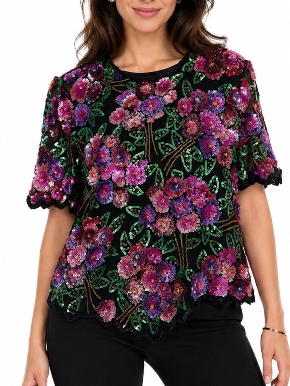Floral Sequin Short-Sleeve Women's Top - Black with Purple/Pink Flowers